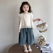 女童洋气森系夏季 宝宝时尚 薄款 套装 夏日两件套 牛仔阔腿裤 2025新款