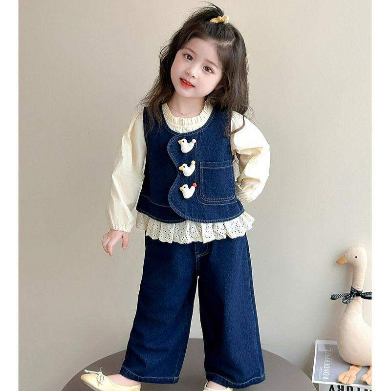 女童春装休闲牛仔马甲三件套2026新款小女孩超洋气春款衣服套装