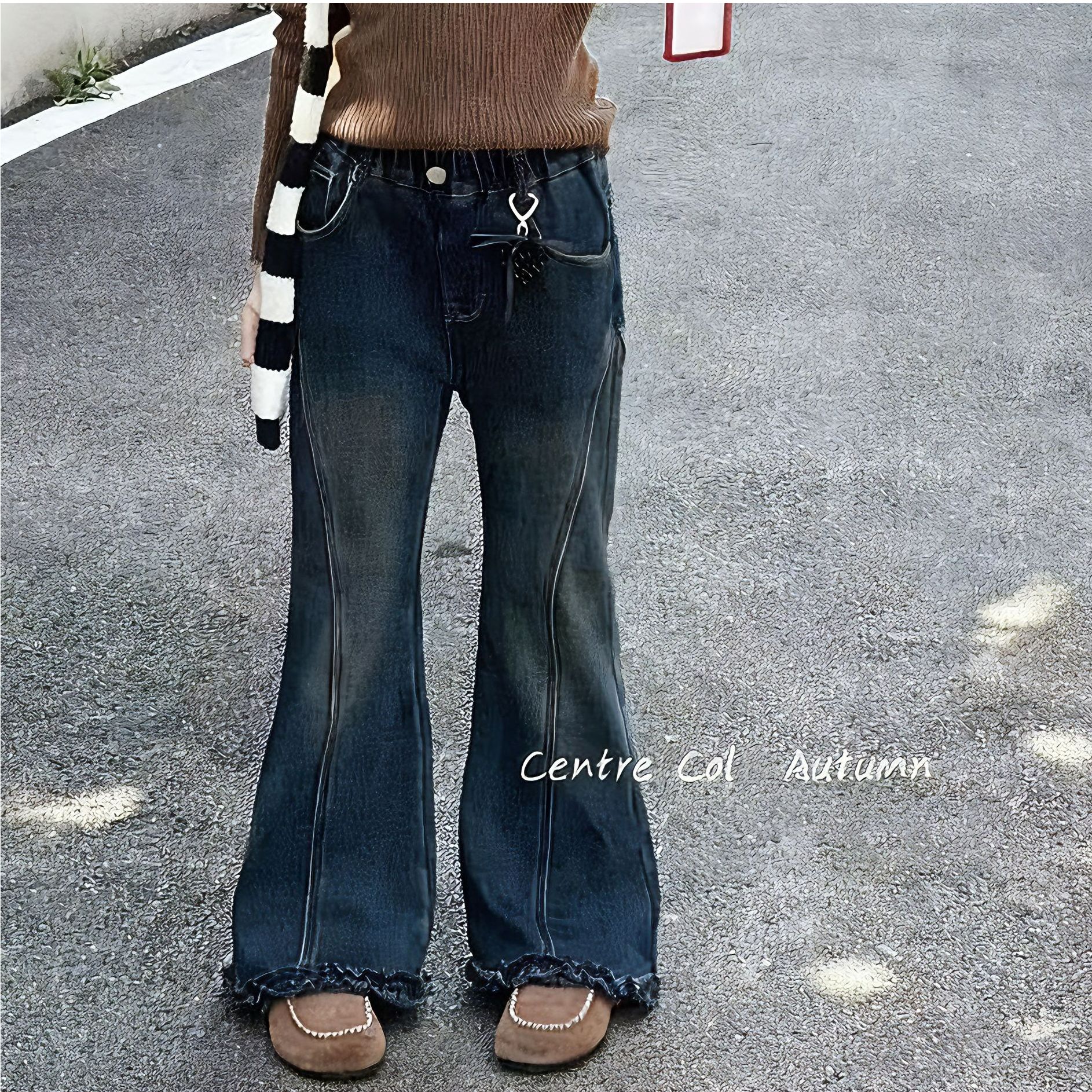 女童牛仔裤加绒加厚喇叭裤新款洋气冬季儿童休闲阔花边弹力裤子