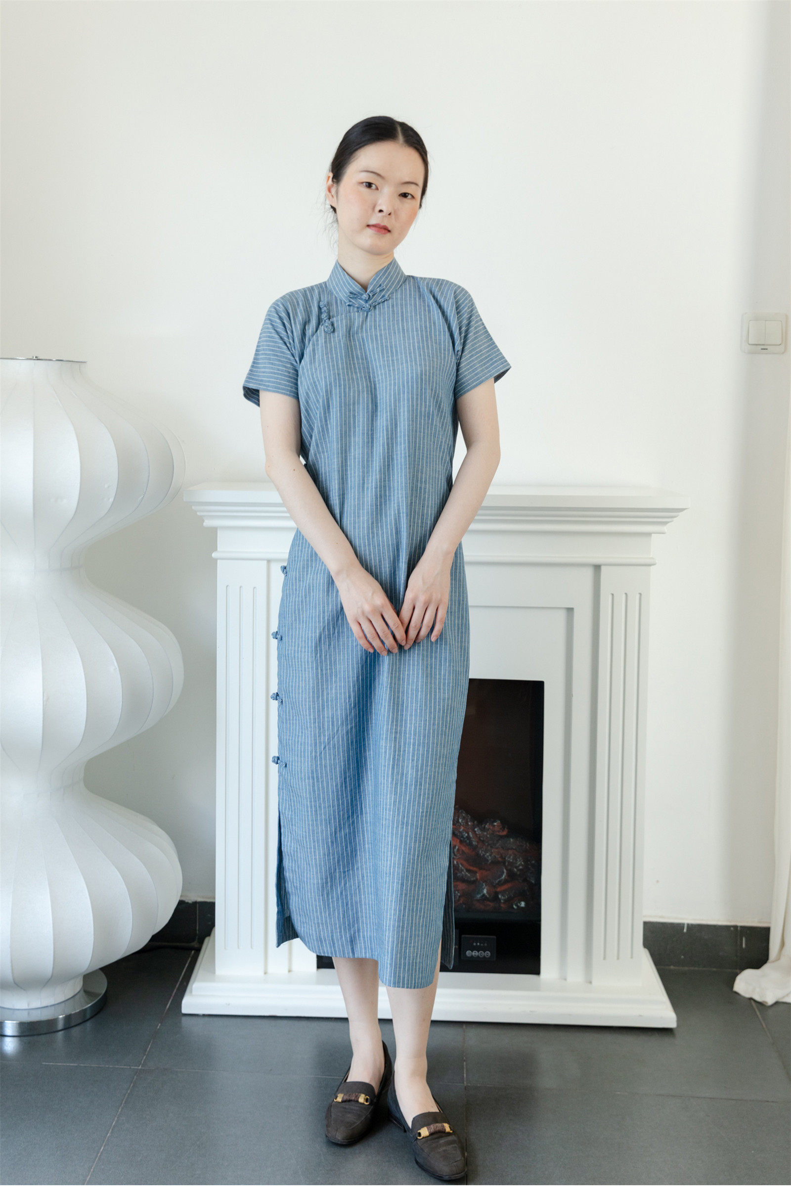 笙莲|蓝白竖条纹棉文艺高级优雅复古民国旗袍国风日常连衣长裙