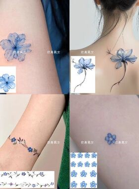 新款蓝色仿真花朵彩色纹身贴持久防水ins酷潮纯欲少女背部可水洗