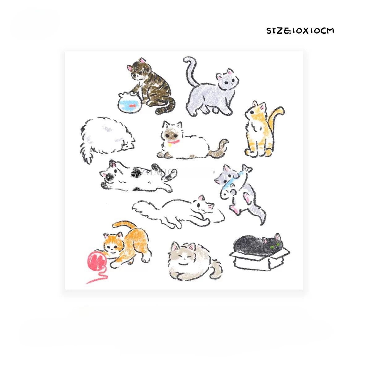 可爱猫咪组合手绘彩色纹身贴ins风手臂手腕个性潮酷防水甜酷