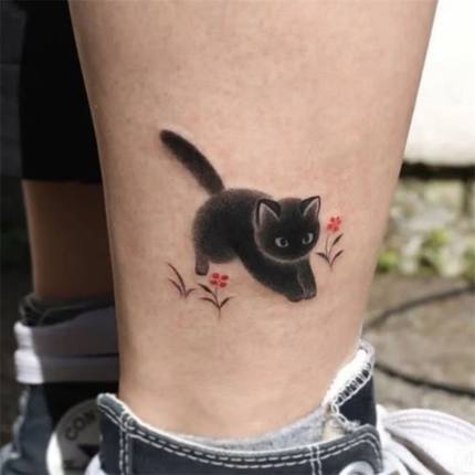 可爱软萌抓蝴蝶小猫咪纹身贴 防水持久花臂纹身贴ins黑猫纹身贴