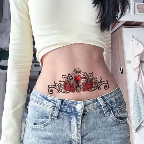 红玫瑰宝石图腾纹身贴 腰胸前遮盖疤痕防水大图女
