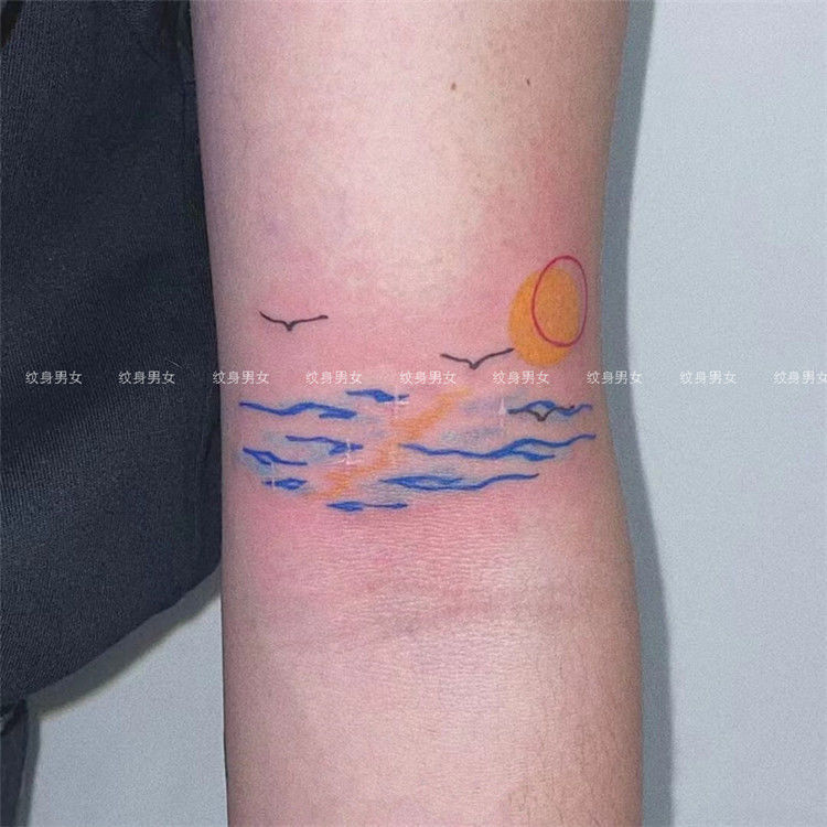 海鸥纹身贴 大雁夕阳浪花 彩色纹身贴 简约日系情侣防水纹身贴