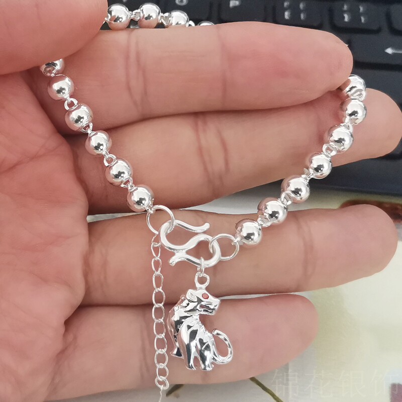 小老虎素银手链999纯银女足银十二生肖纯银手链12属相白银饰品