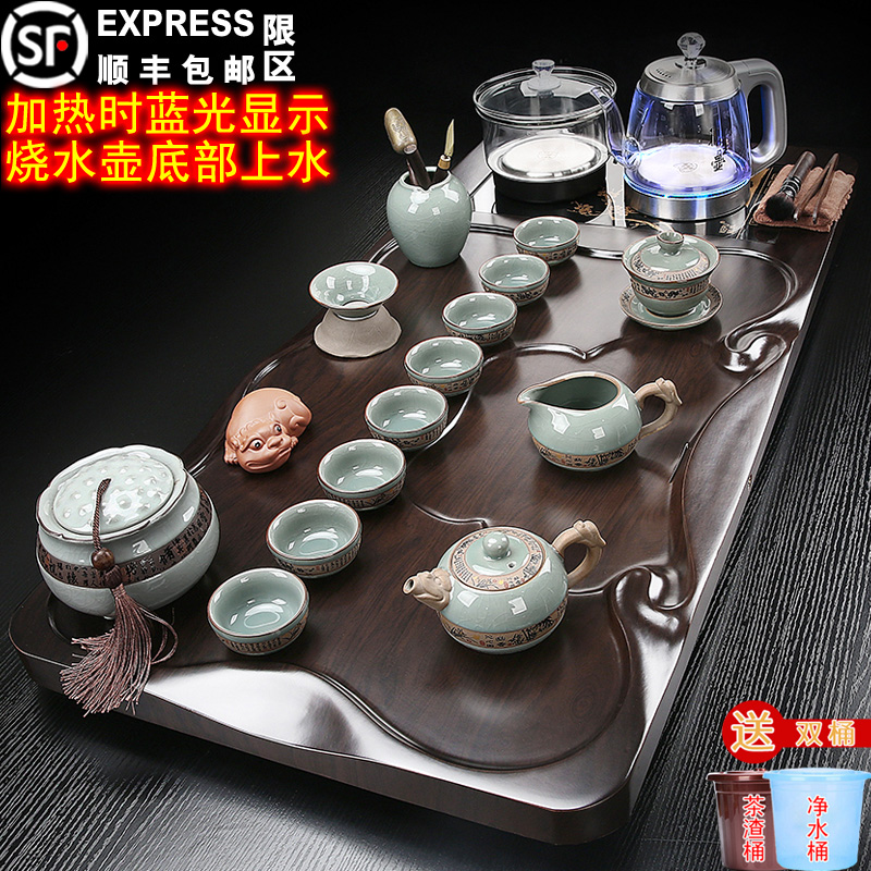 1米实木大茶盘茶具套组烧水壶手柄上水全自动一体加热亮蓝光新款