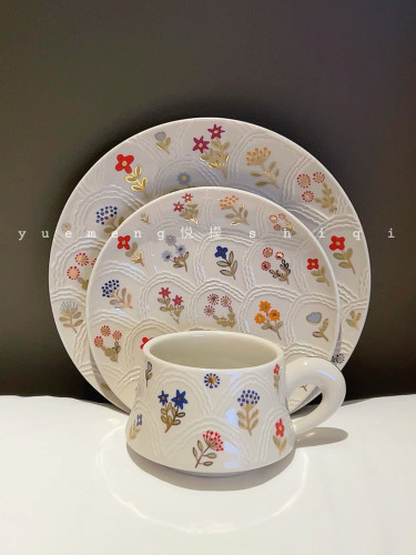 悦檬食器闪光小花精致早餐盘家用陶瓷高级感沙拉西餐下午茶菜盘