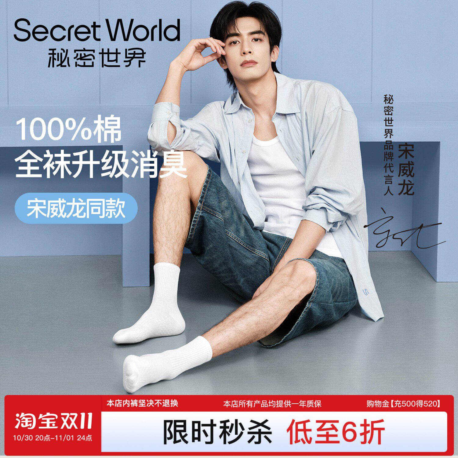 宋威龙同款15A抑菌100%棉袜子男