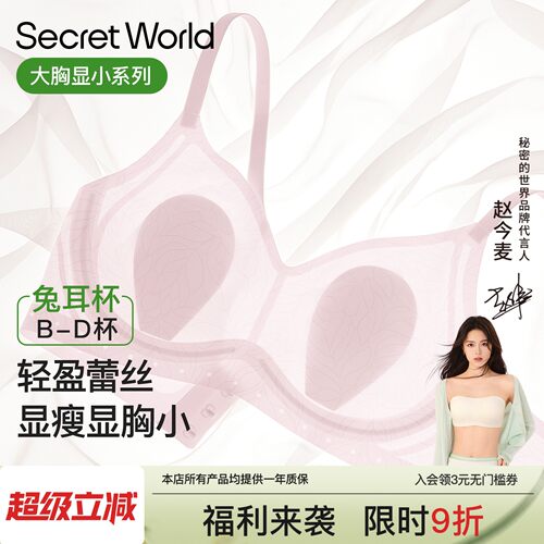 SecretWorld蕾丝内衣女大胸显小夏季薄款收副乳兔耳杯女士胸罩