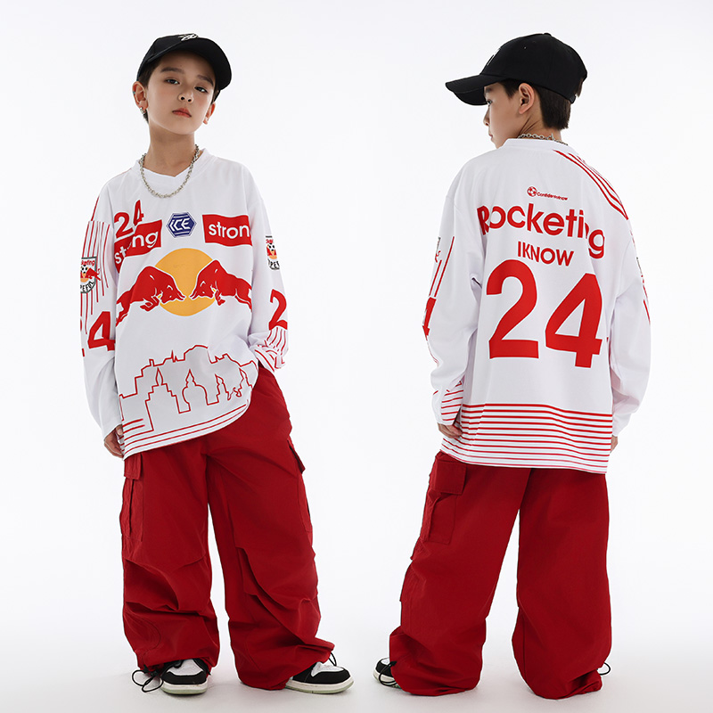 街舞儿童潮服红白撞色嘻哈套装女童hiphop童装演出服男童街舞潮装