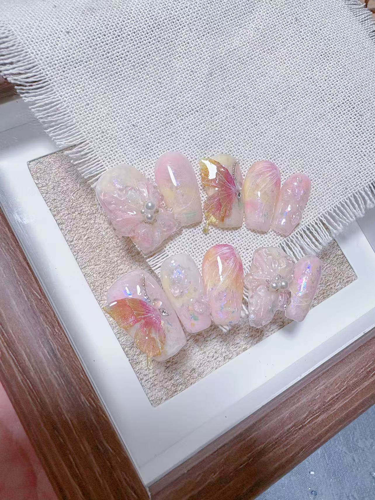 纯手工穿戴甲梦幻人鱼泡泡立体珍珠法式猫眼高级显白流行美甲A77