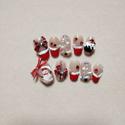 圣诞节穿戴甲精美假指甲冰透圣诞树美甲纯手工长短款定制A40