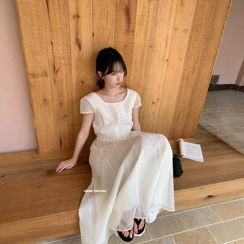 IMISS 2026夏季韩系仙仙儿纱纱系带方领短袖中长款连衣裙女R81003