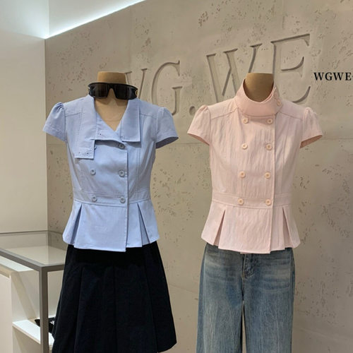 WGWE夏季法式学院风百搭收腰显瘦单排扣娃娃领短袖衬衫女装W9702