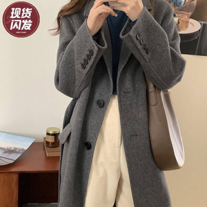 全羊毛双面呢手工大衣女西装领毛呢外套2022秋冬新款灰色长款系带