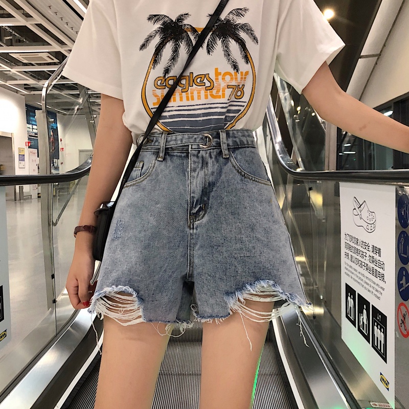 2019夏季新款韩版破洞A字牛仔短裤子女宽松显瘦高腰直筒裤阔腿裤|ruв категории Женская одежда, джинсы - от Buy2taobao.com для оказания профессиональной услуги покупки агента Taobao