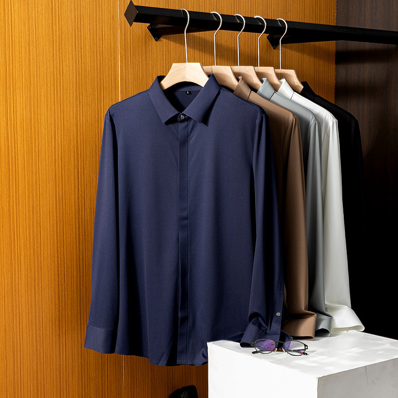 牛奶般丝滑！高端韩国琎口抗皱高弹简约压脚纯色商务休闲长袖衬衫