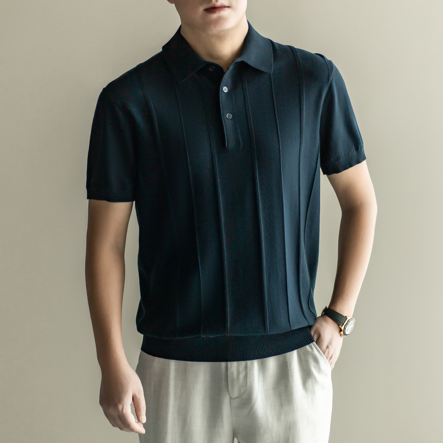 矜贵气质 意式坑条 夏季男士老钱风短袖针织POLO衫男极简短袖POLO
