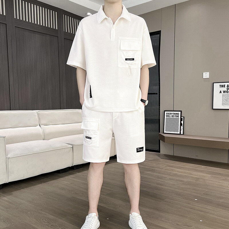 港风冰丝薄款套装男新款阔版夏季宽松短袖衬衫休闲青年潮流两件套