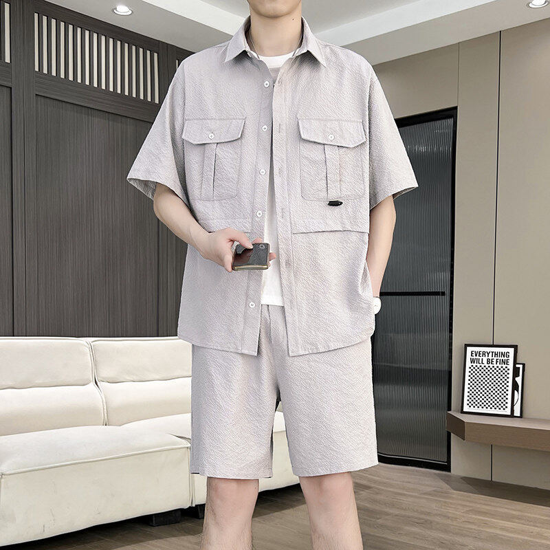 港风冰丝薄款套装男新款阔版夏季宽松短袖衬衫休闲青年潮流两件套