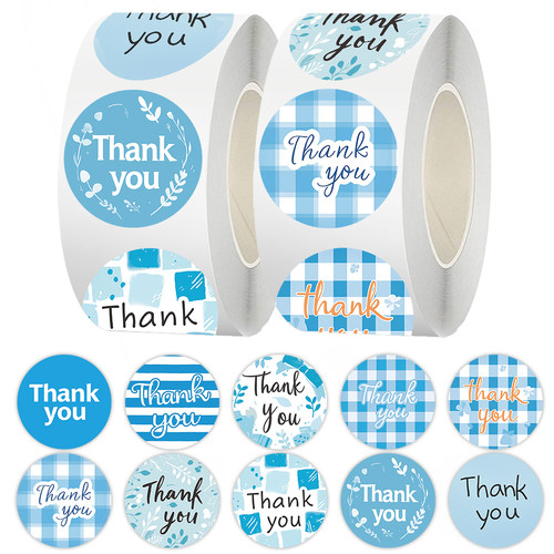 1000贴蓝色系感谢卷卷贴小清新简约Thankyou英文感谢语封口贴画