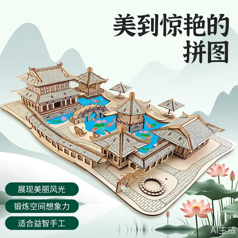 苏州园林积木拼装玩具建模型筑3D立体拼图手工拼插木男女di中国风