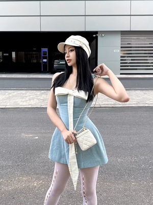 (LSOUL)夏季高级吊带收腰连衣裙修身性感短裙女