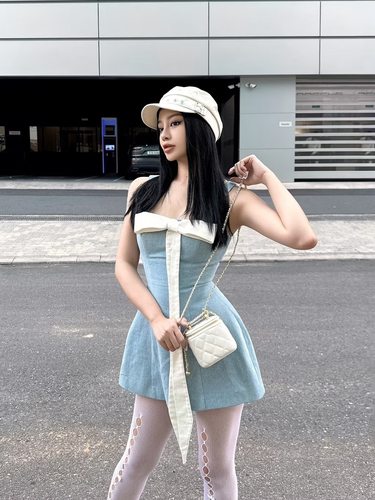 (LSOUL)夏季高级吊带收腰连衣裙修身性感短裙女