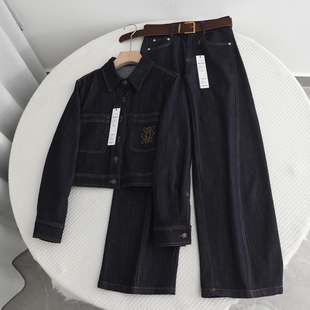 时尚 系腰带长裤 百搭翻领印花休闲短款 新款 牛仔外套2025秋季 艾系