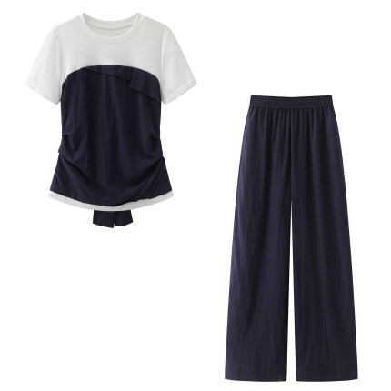 影系~2026夏季新款轻奢风通勤修身显瘦拼接短袖T恤阔腿裤两件套女