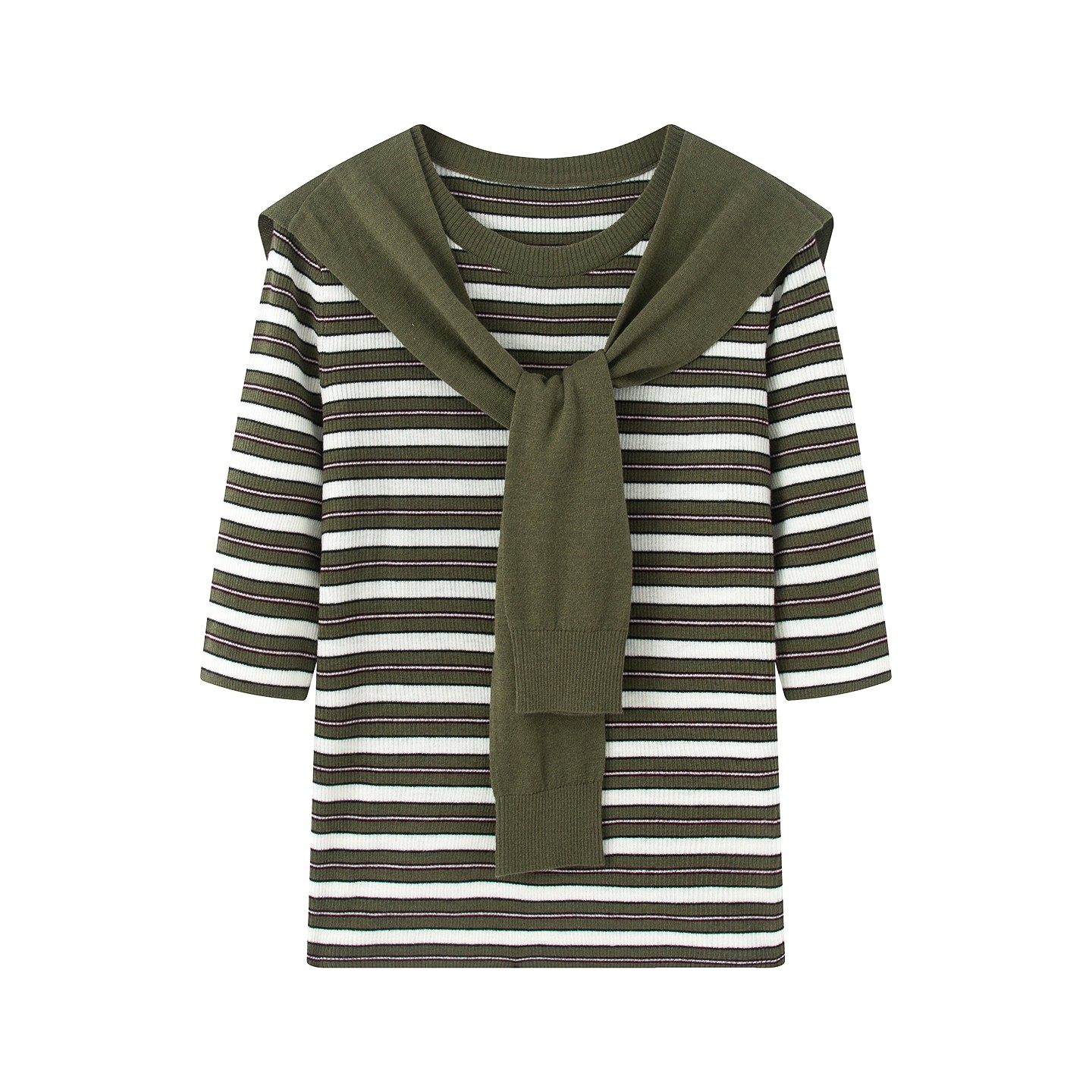 艾系~2026春季新款时尚百搭披肩两件套条纹短袖针织衫减龄上衣女,女装/女士精品,毛针织衫,淘宝优惠券,粉丝福利购,淘宝优惠卷