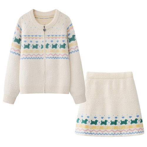 阔系~2025秋冬新款减龄百搭费尔岛提花宽松休闲针织开衫修身短裙