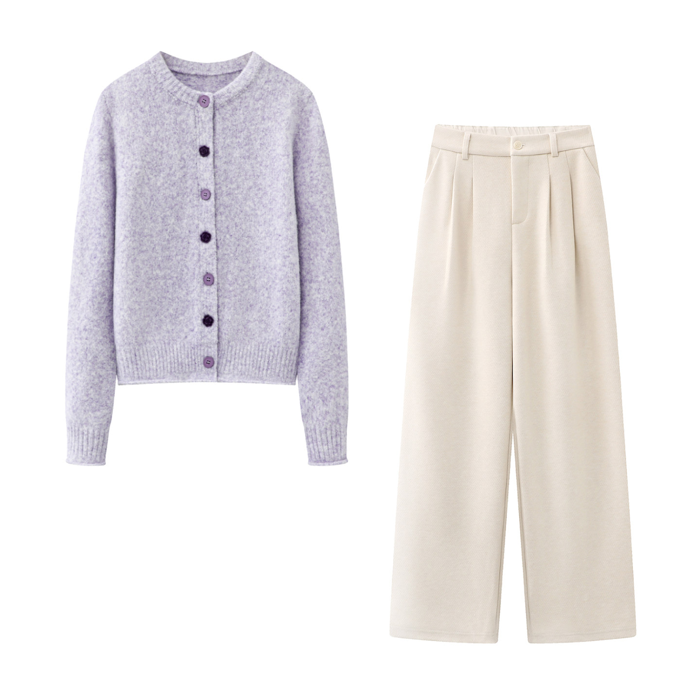 紫色温柔慵懒风软糯针织开衫女2025秋季新款高腰显瘦垂感休闲长裤