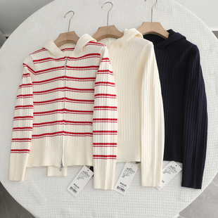 伊家~休闲百搭双拉链连帽针织开衫女2026春季新款圆领单排扣毛衣