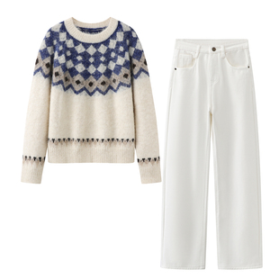 软糯复古费尔岛提花圆领针织毛衣2025秋冬新款休闲保暖加绒牛仔裤