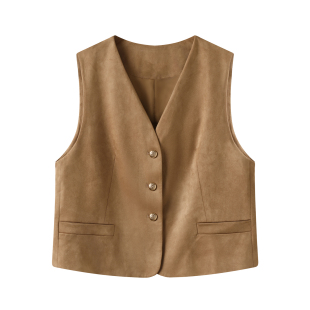 百搭气质咖色麂皮绒V领千金风无袖 影系 复古时尚 新款 马甲 2025秋季