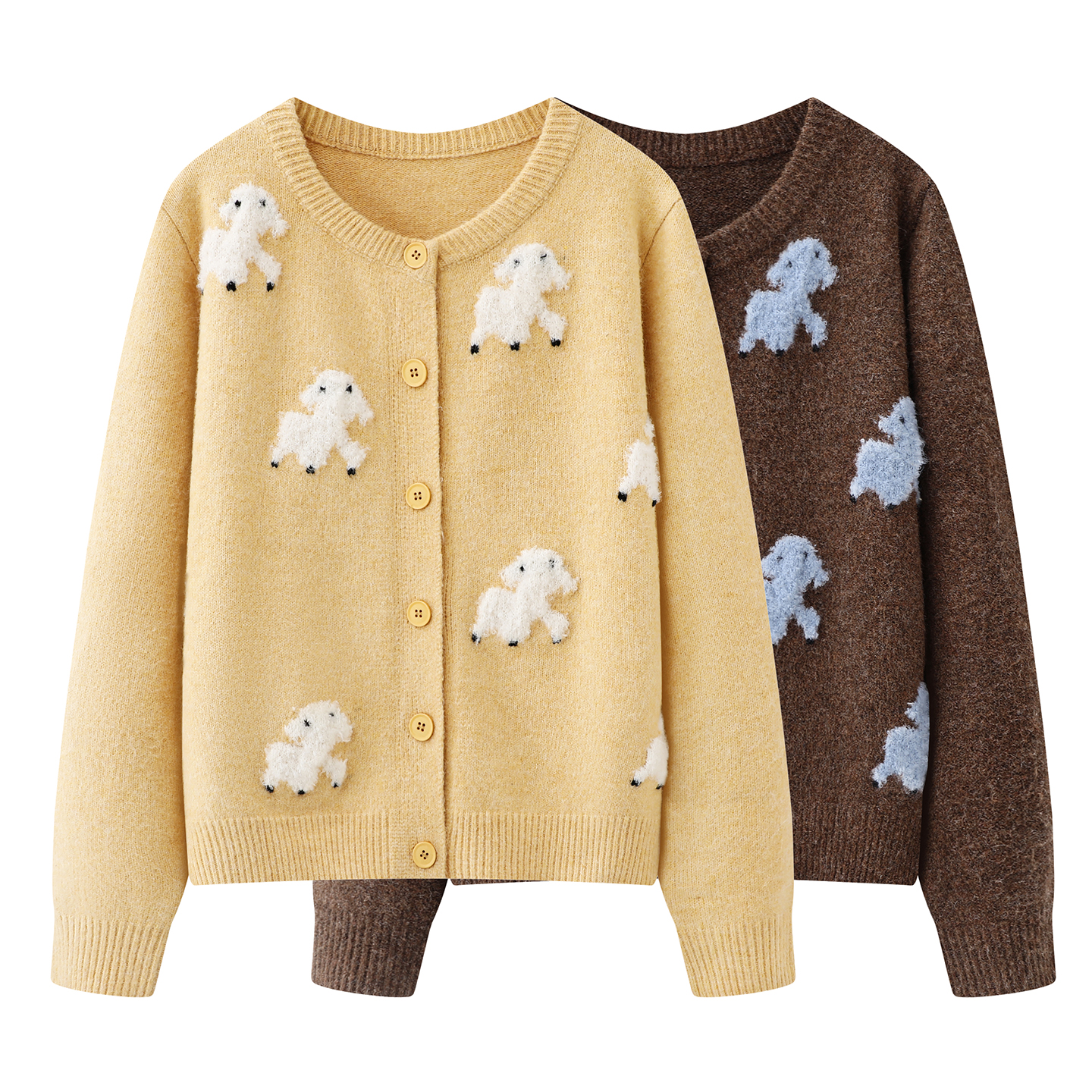 谜~2025冬季新款甜美减龄卡通小绵羊提花圆领针织开衫软糯毛衣女