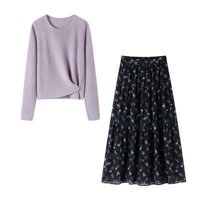 影系~紫色圆领亚麻长袖针织衫女2025秋季新款高腰气质碎花半身裙