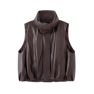 艾系~2025秋季新款时尚气质百搭宽松立领无袖PU皮衣无袖羽绒马甲