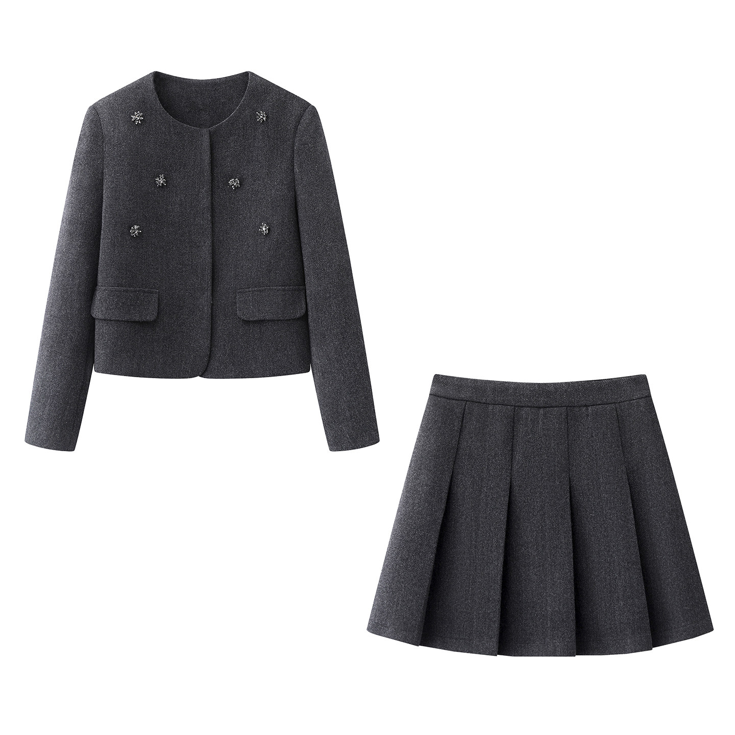 影系~灰色小香风毛呢外套女2026春季新款学院风百褶半身裙两件套,女装/女士精品,时尚套装,淘宝优惠券,粉丝福利购,淘宝优惠卷