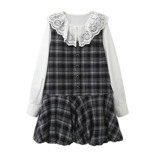 阔系~深灰色格纹背心连衣裙叠穿短款女2025秋冬新款无袖花苞短裙