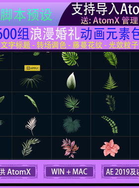 AtomX预设600组浪漫婚礼爱情文字标题转场调色藤蔓光效粒子AE脚本
