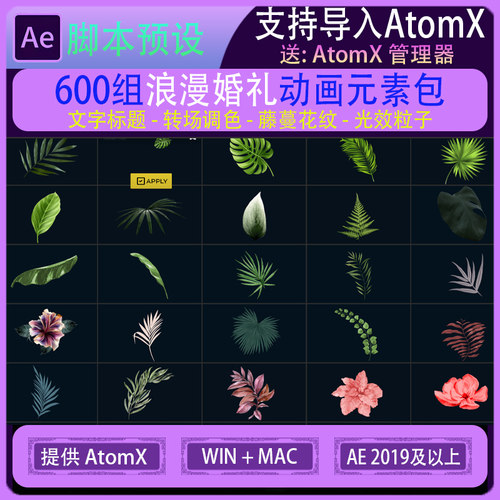 AtomX预设600组浪漫婚礼爱情文字标题转场调色藤蔓光效粒子AE脚本