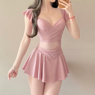仙女范泳衣女高级感连体裙式 平角遮肚显瘦小胸聚拢保守女士泡温泉