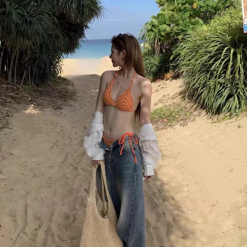 条纹分体比基尼性感挂脖绝美罩衫