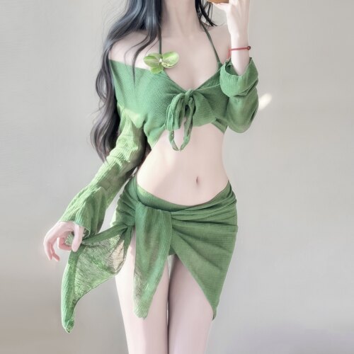 高级感分体比基尼四件套绿色显白