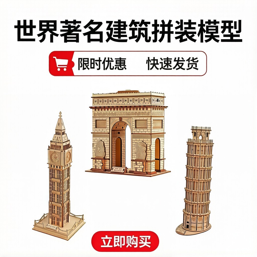 世界建筑模型比萨斜塔凯旋门大本钟拼装手工木质拼图DIY木制玩具