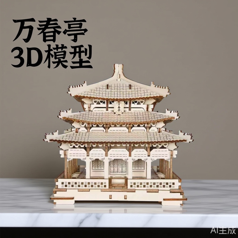 万春亭木质3D立体建筑房屋仿真模型木制拼图益智玩具成人拼装