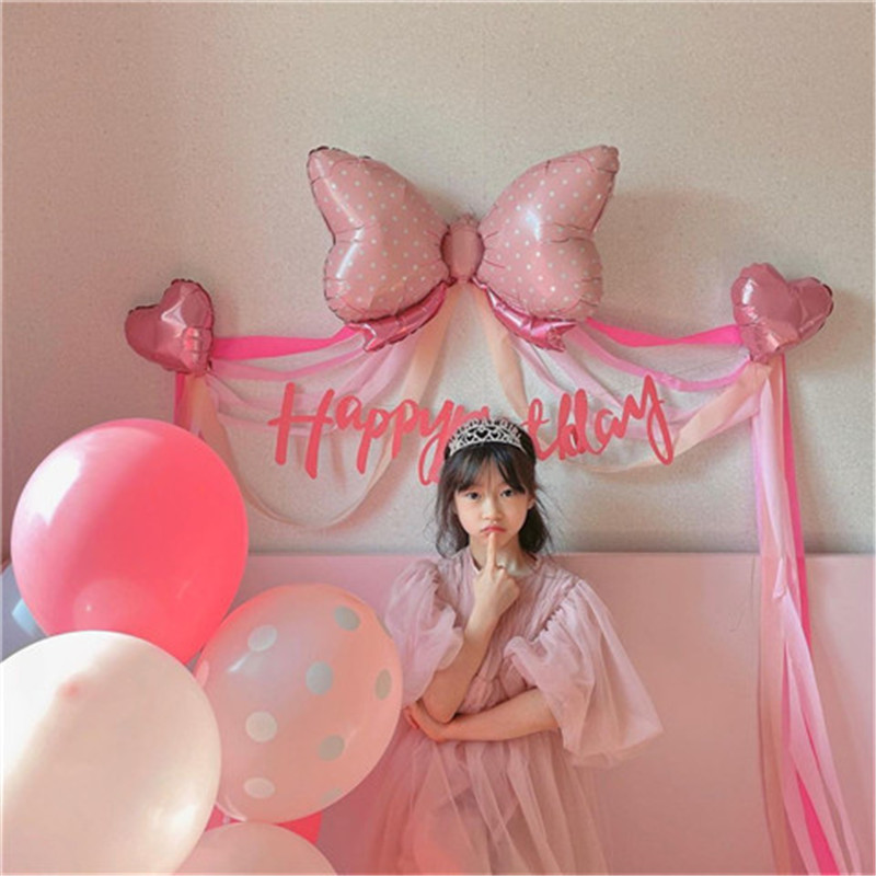 粉色蝴蝶结铝膜气球背景墙彩带爱心女孩生日字母拉旗布置装饰套餐